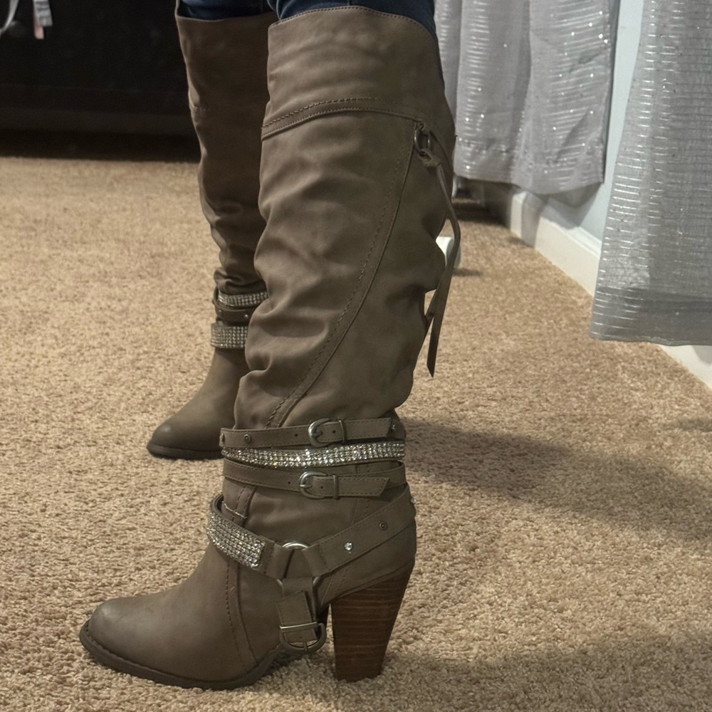 Tan Heeled Boots with Strappy Rhinestone Design - Picture 2 of 5